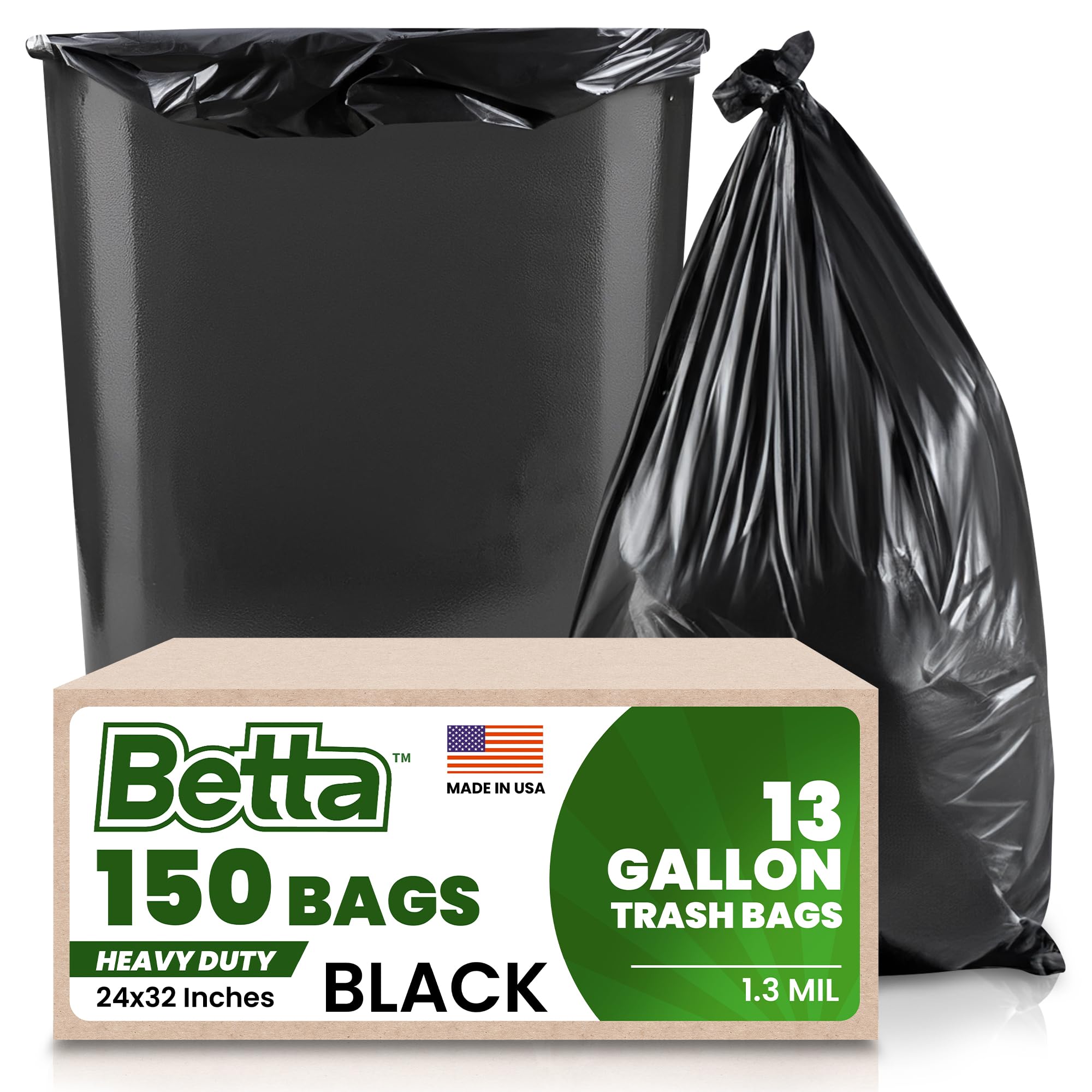 Photo 1 of Betta 13 Gallon Black Trash Bags, 150 Count Box, (24x32-inch) Commercial Heavy-Duty Garbage Can Liners for 10-13 Gallon Round Cans, 8-12 Gallon Slim and Square Cans