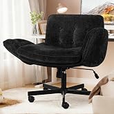 Criss Cross Chair with Wheels &amp; Arms, Chenille Cross Legged Office Chair with 5-level Folding Armrest, Comfortable Adjustable Swivel Vanity Chair for Home, Make Up, Bed Room, Office, Accent (Black).