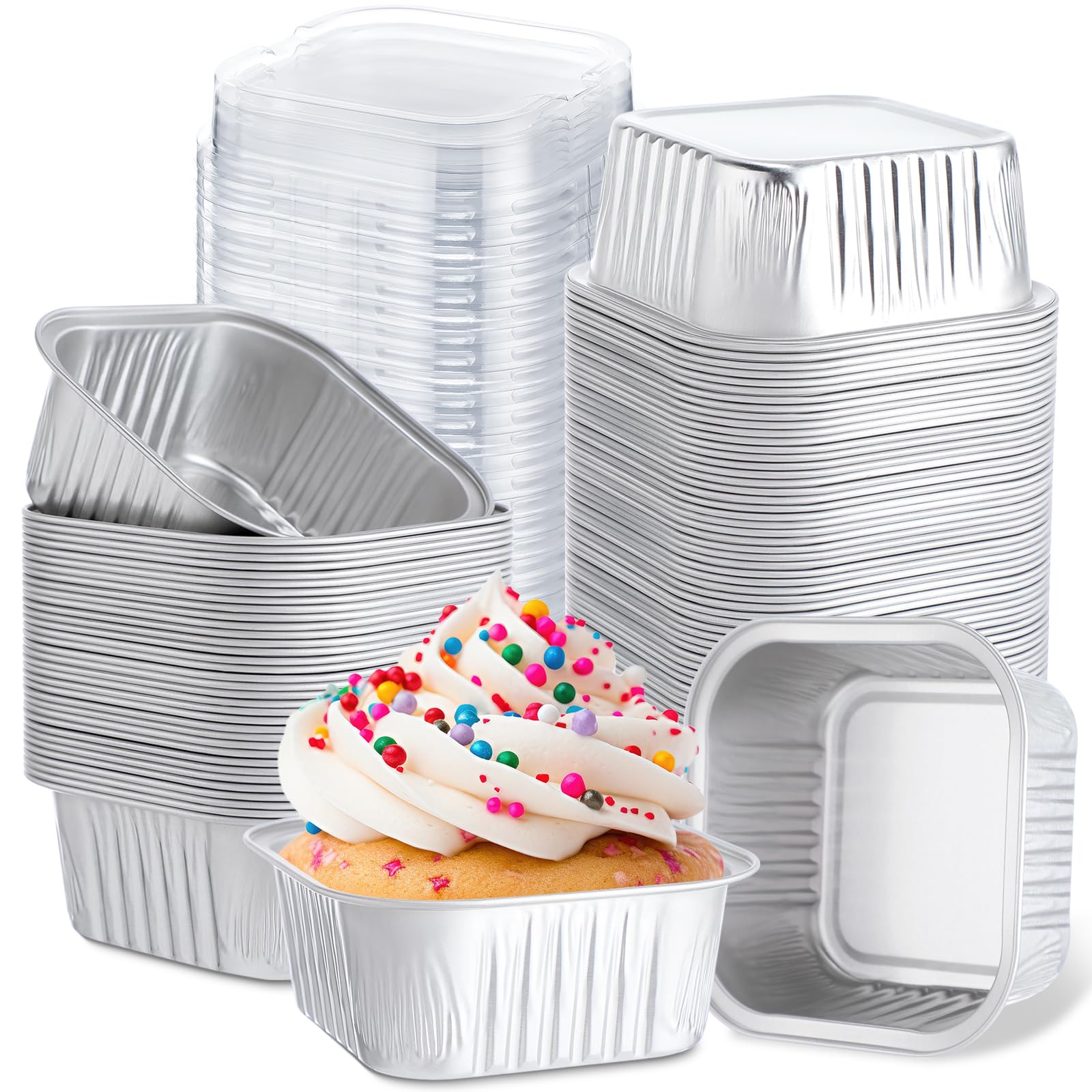 Photo 1 of Skylety 100 Pcs 5 oz Mini Square Baking Pan with Lid Aluminum Foil Cupcake Pan Brownie Baking Cup Disposable Ramekins Individual Tin Dessert Containers for Kitchen, Food Grade Material (Silver)