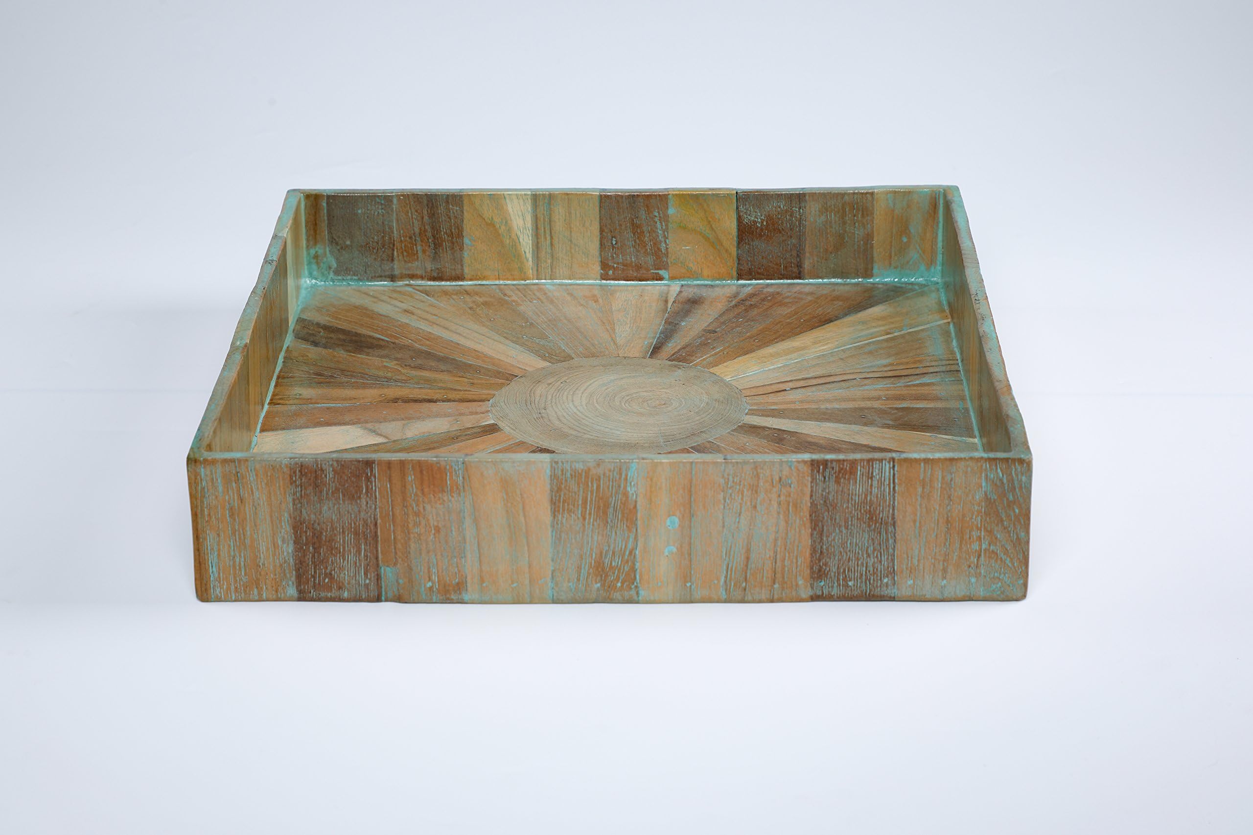 My Zen Home Antique Rustic Teak Wood Square Tray - 16"Dia, Natural