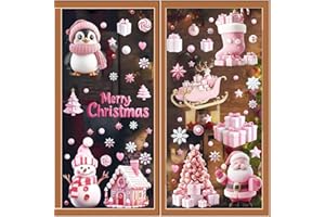 ATLKDLK 9 Sheet Christmas Window Clings Christmas Decorations Pink Santa Penguin Gift Window Decals Xmas Window Stickers for Winter Holiday Window Decorations (Christmas Design 5)