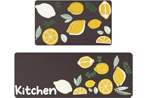 Serwrsw Bright Yellow Lemon Kitchen Mats 2 Piece for Floor, Kitchen Rugs Sets of 2, Non Slip Washable, 17"x47"+17"x29", Black