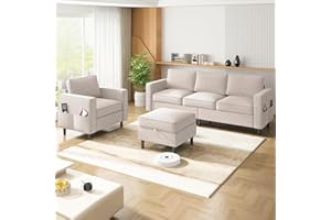 ADOWORE 2 Piece Living Room Sofa Sets, Modern 3 Seater Sofa with Storage Ottoman and Armchair Sets, Linen Fabric L Shaped Sectional Couch + Single Chair Sofa Sets for Living Room, Apartment,Beige