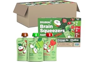 Brainiac Applesauce Variety Pack Pouches, Apple, Apple-Cinnamon & Apple-Strawberry Flavors, Unsweetened Applesauce with Vitamin C, Omega-3s & Choline, 40 Count, 3.2 oz.