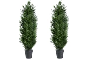 HOWNGYESIMU 3FT Artificial Topiary Cedar Trees with Pot, Fake Cedar Christmas Tree for Indoor Outdoor Holiday Décor, UV Resistant Faux Evergreen Plant for Porch, Garden, Office, Home Festive Decoration,2Pack