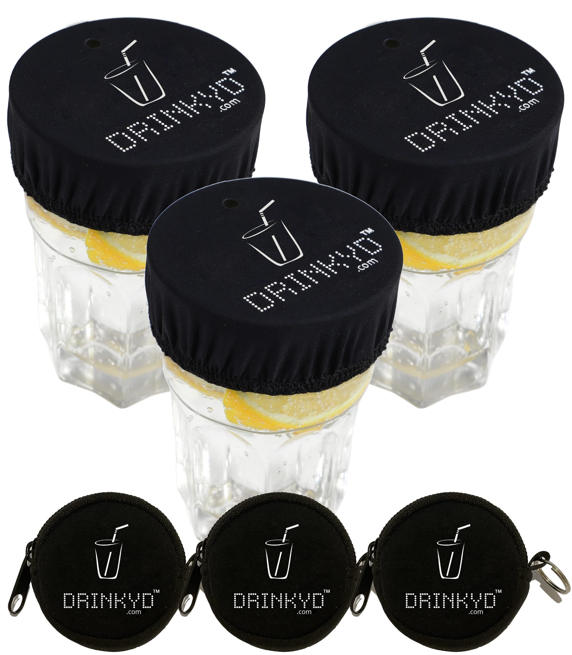 DRINKYD™ The Drink Cover for Alcohol Protection and Spiking Prevention - Washable & Reusable w/Keychain (3 Pack, Black)