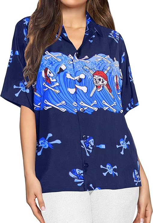 LA LEELA Vintage Disfraces De Halloween Costume Piratas Calabaza Que Bailan con Botones de Copa del Cráneo Cosplay Las Mujeres Camisa de Vintage Disfraces De Fiesta De Halloween Tema Azul Brillante