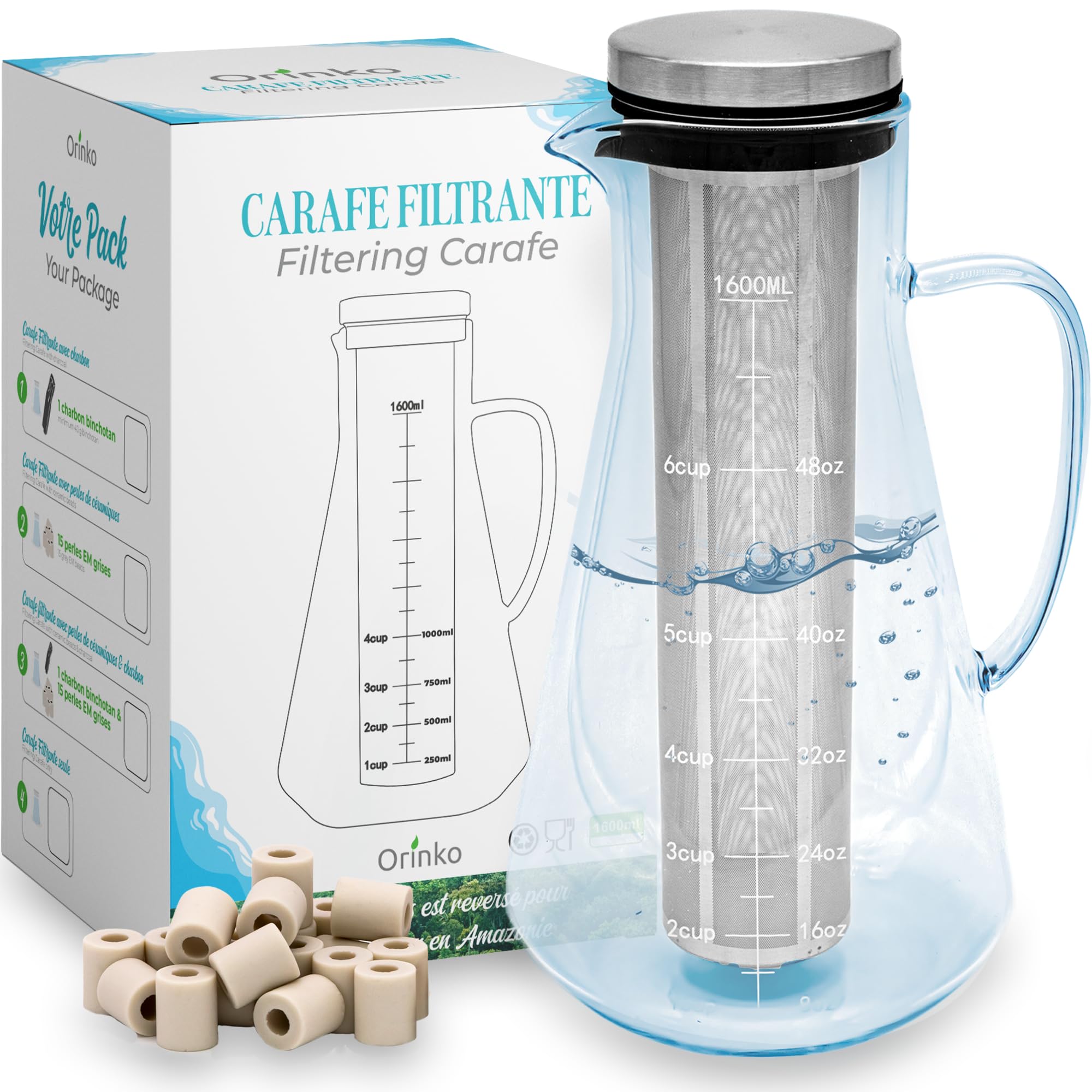 ORINKO® 1.6L Glass Water Carafe + EM Ceramic Beads x15 for Water Filtration – Eco Friendly Water Jug with Filter Holder – Reusable Glass Carafe for Activated Carbon or Beads – Sustainable Hydration