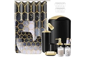 BSSN Black Bathroom Set with Shower Curtain and Rugs 25Pcs, Bathroom Accessory Set - Trash Can, Soap Dispenser, Soap Dish, Toilet Brush, Toothbrush Holder, Tumbler Cup, Tray, Canisters, Honeycomb