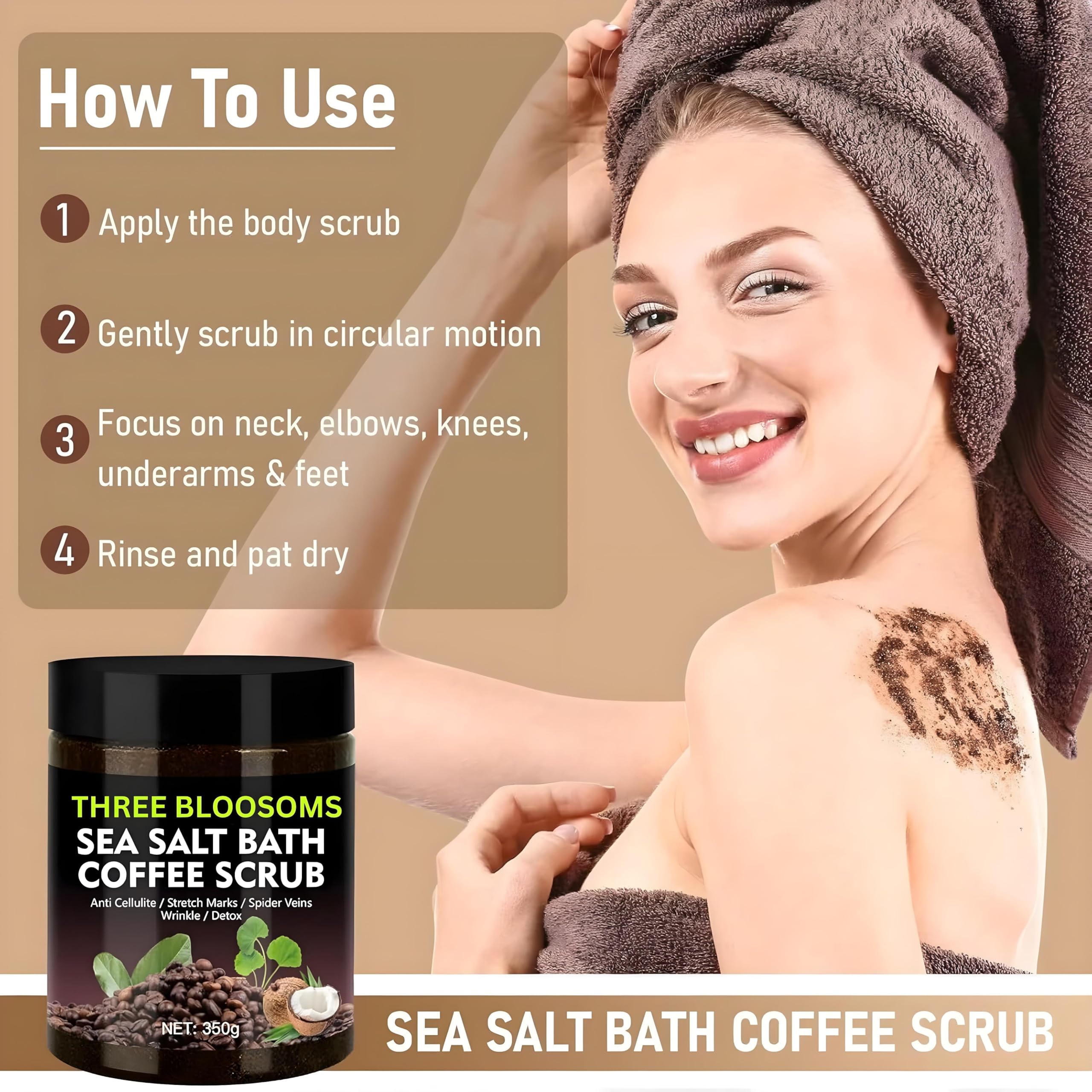 Coffee Scrub Body Exfoliator, 350g Anti Cellulite, Anti aging, Fights Stretch Marks, Wrinkles, Spider Vein Therapy for Men and Women, with Coffe-Seeds Sea Salt Coconut Oil (350g, Coffee Scrub)