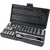 Performance Tool W36904 22-Piece 1/4 in. Drive Metric Socket Set | For automotive maintenance. 108-tooth quick release ratchet. Standard and deep sockets. Chrome vanadium steel