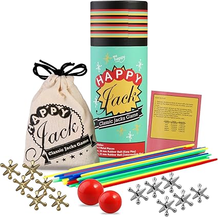 Jacks Game with Ball,Happy Jack 12 pcs Gold and Silver Toned Classic Metal Jacks w/ 2 Sizes of Red Bouncy Balls and Instructions for kids and adults of all ages/Retro,New Vintage Classic Game of Jacks