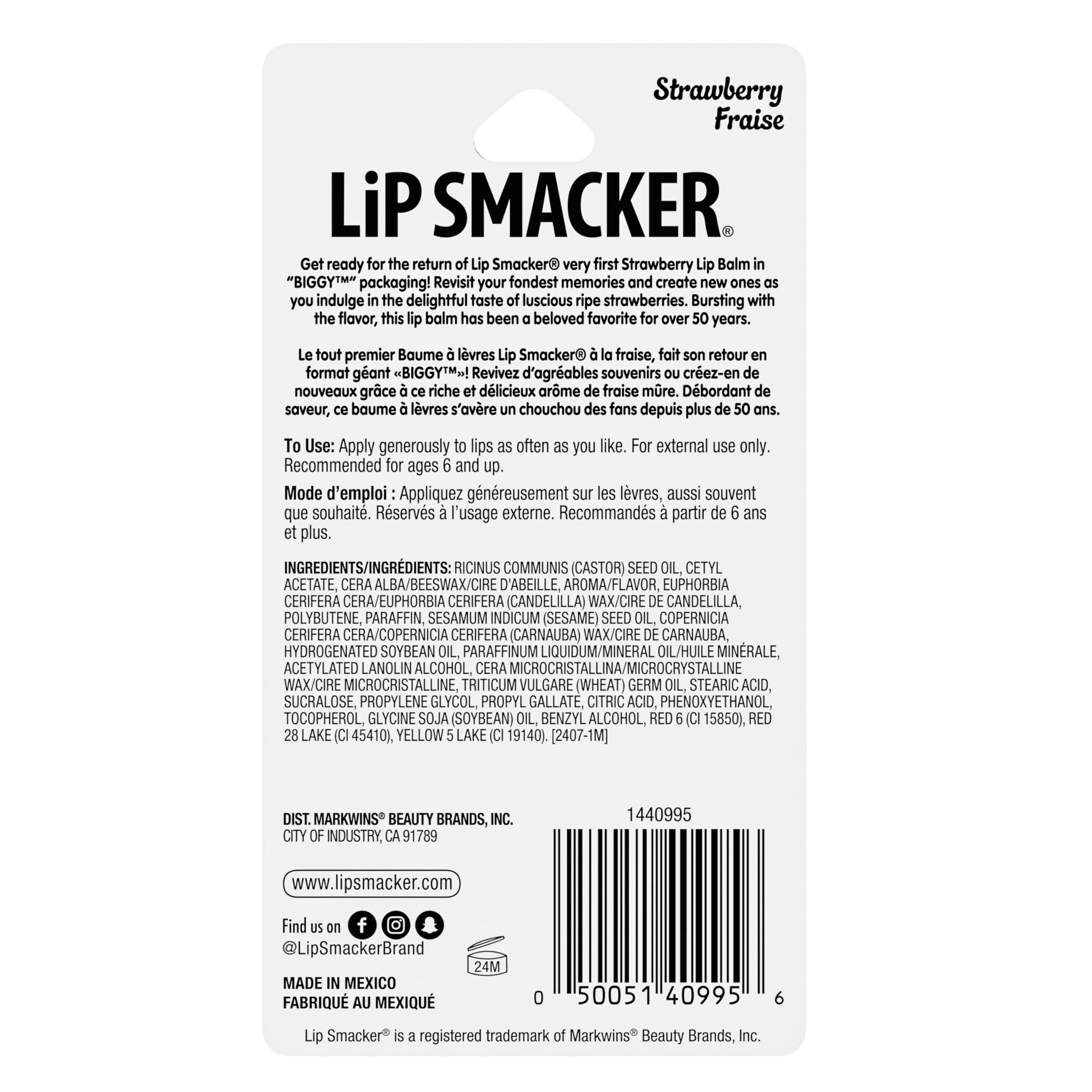 Lip Smacker Biggy Lip Balm, Nostalgic Flavor, Ultra-Moisturizing & Hydrating, Clear Glossy Finish, Fun & Collectible Gift for All Ages - Strawberry