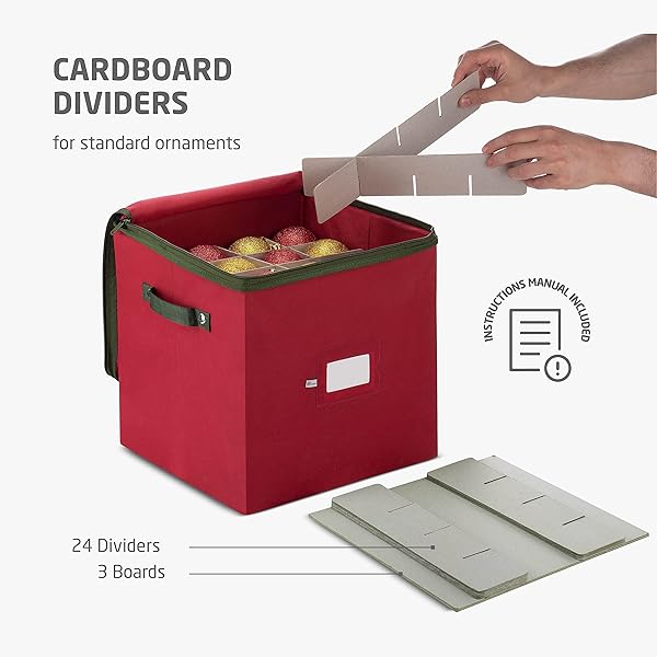 ZOBER CHRISTMAS ORNAMENT STORAGE BOX – STORES 64 3″ ORNAMENTS, WITH DIVIDERS – ORNAMENT ORGANIZER STORAGE BOX, DURABLE CHRISTMAS CONTAINERS HOLDER, DUAL ZIPPER – RED