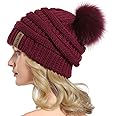 QUEENFUR Women Knit Slouchy Beanie Chunky Baggy Hat with Faux Fur Pompom Winter Soft Warm Ski Cap