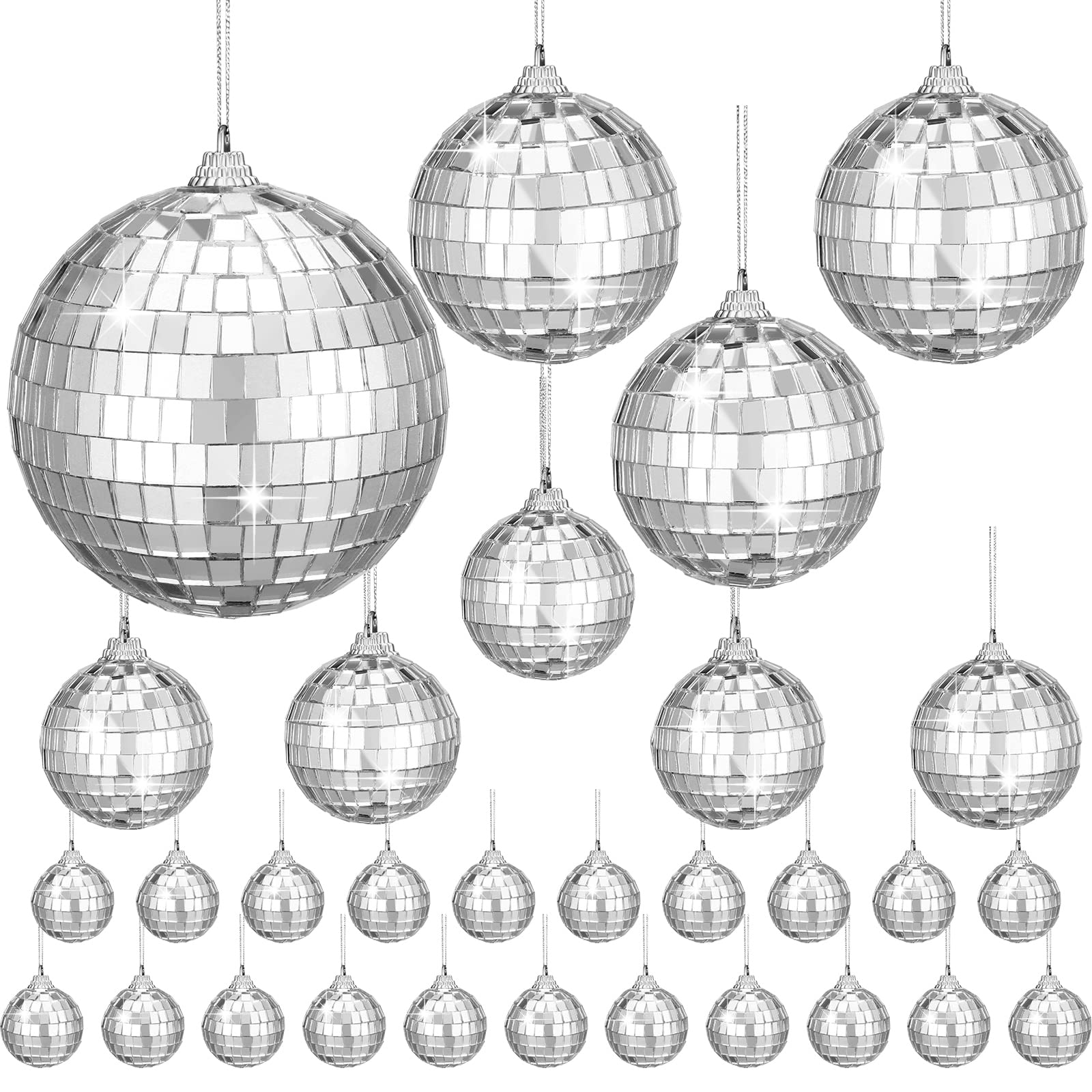 Photo 1 of (please see all images) HyDren 30 Pcs Mini Disco Ball Hanging Mirror Reflective Disco Ball Ornaments Decorations for Wedding Party Cake Decor(3.15/2.36/1.57/0.79 Inches)