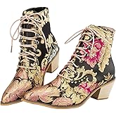 Gets Womens Vintage Floral Embroidered Block Heel Cowboy Boots Heighten Ankle Booties