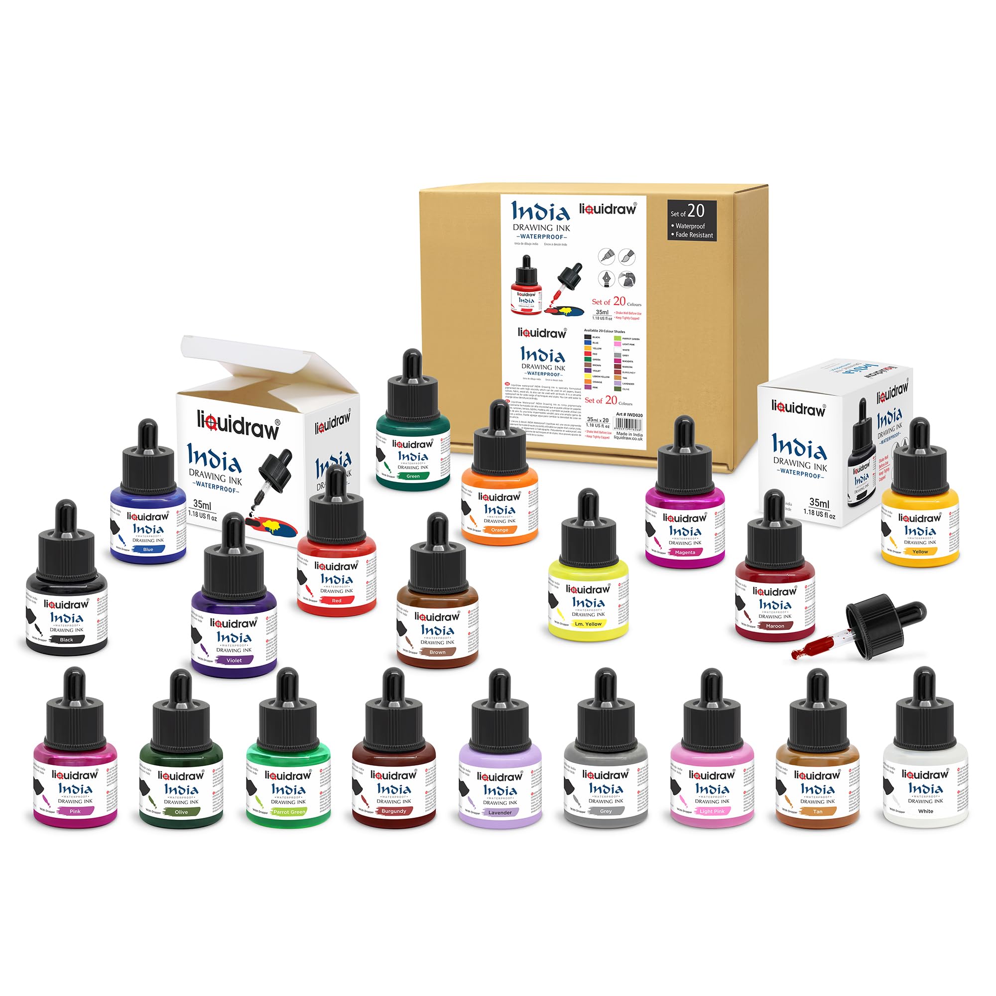 Liquidraw Waterproof Coloured Drawing Ink with Dropper | 20 x 35 ml Bottles | Set of Assorted Colours | India Ink for Calligraphy, Pens, Brushes & Dip Pens | Ideal for Drawing, Writing & Art Projects