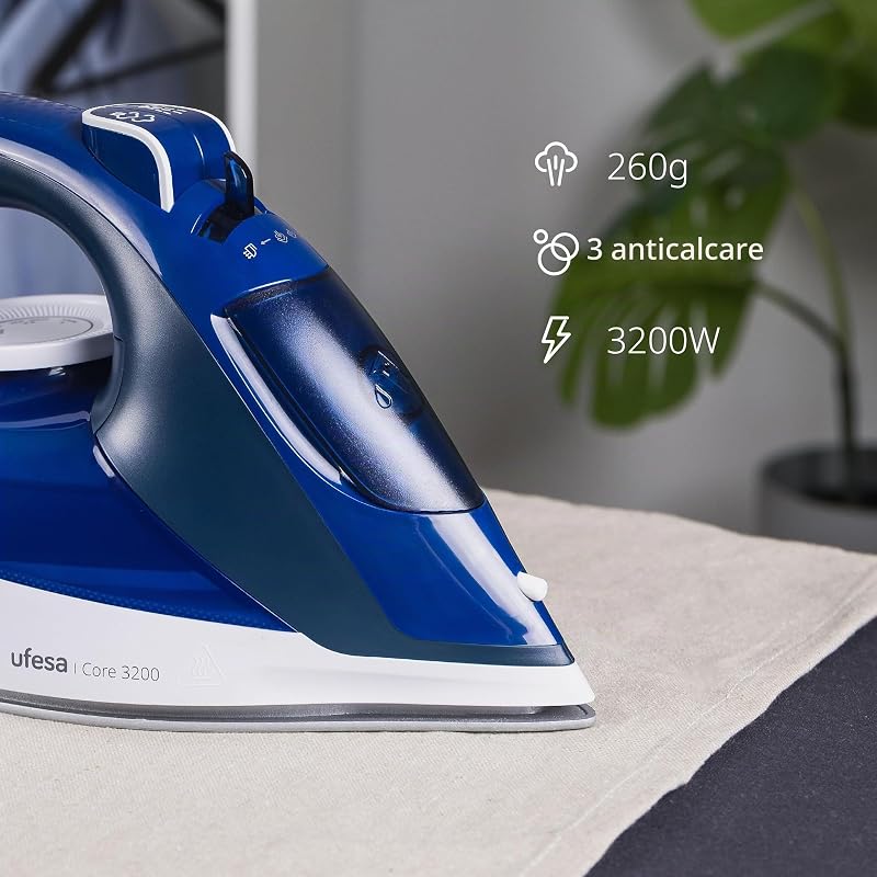 Core 3200W Plancha de Vapor, Golpe de Vapor 260g, Vapor Continuo 50g/min, Suela Cerámica, Sistema Antical 3 en 1, Antigoteo, Depósito 350ml, Cable 1,9m, Azul