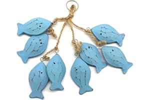 CVHOMEDECO. 3 Inches Hand Carved Wood Fish Hanging with Jute Rope Nautical Decorated, Mediterranean Style for Wall Hanging Gift Crafts, Blue, 8 pcs/Set (Fish)