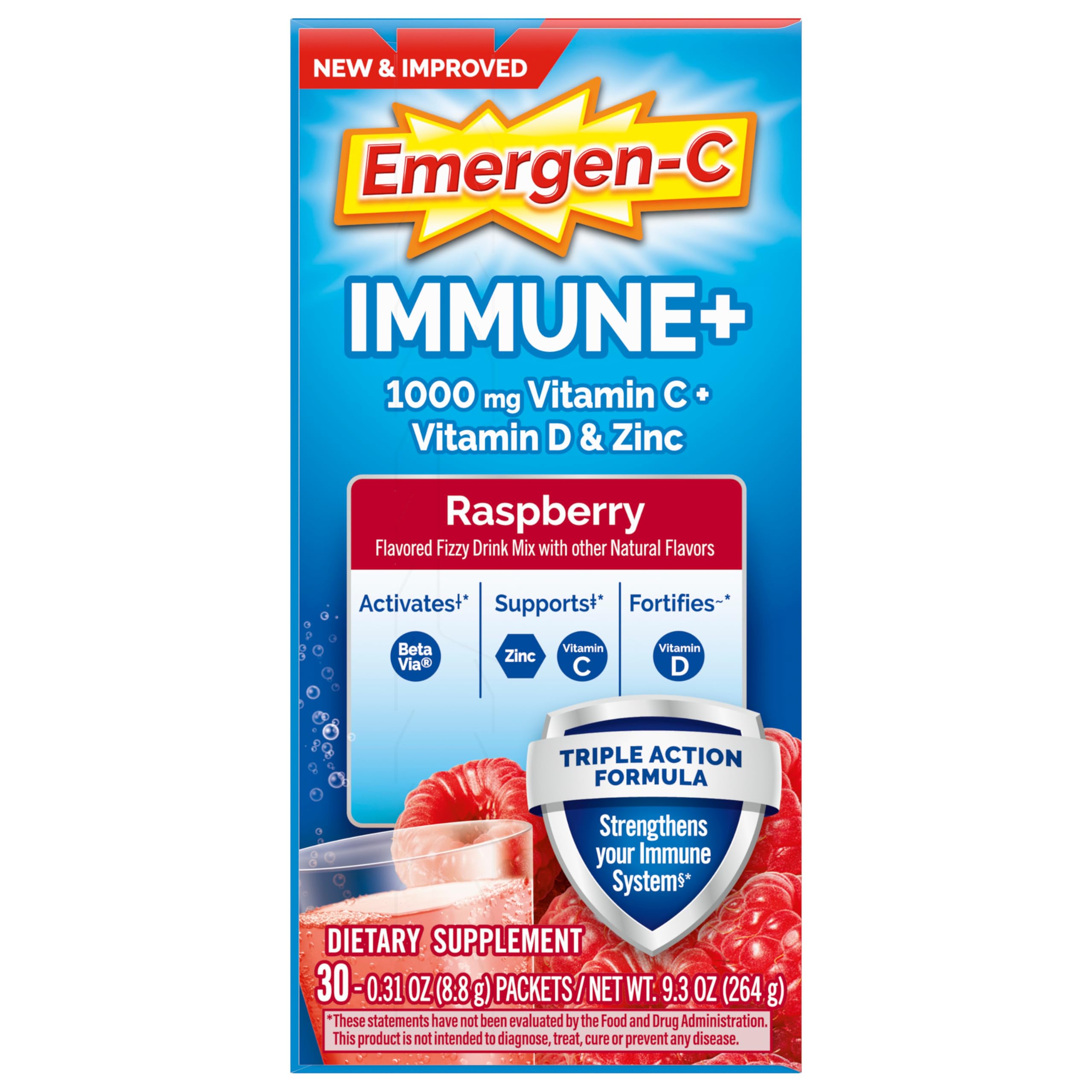 Emergen-C Immune+ Triple Action Immune Support Powder, BetaVia (R), 1000mg Vitamin C, B Vitamins, Vitamin D and Antioxidants, Raspberry, Back to School Essentials – 30 Count