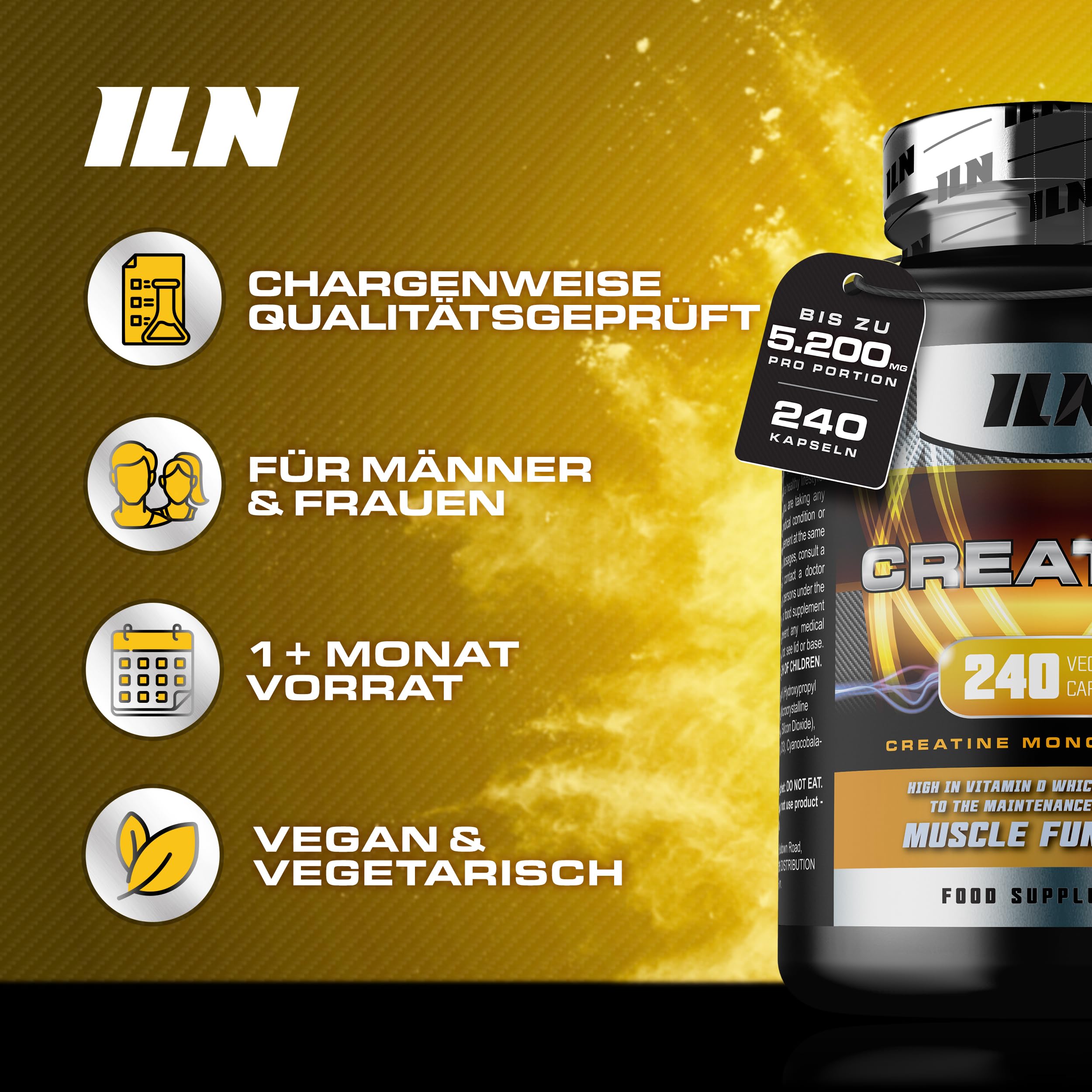 ILN – Creatin Kapseln – 5.200 mg Kreatin Monohydrat pro Tag – 240 vegane Kapseln – Kreatin Kaplsen für Training & Muskelaufbau 4