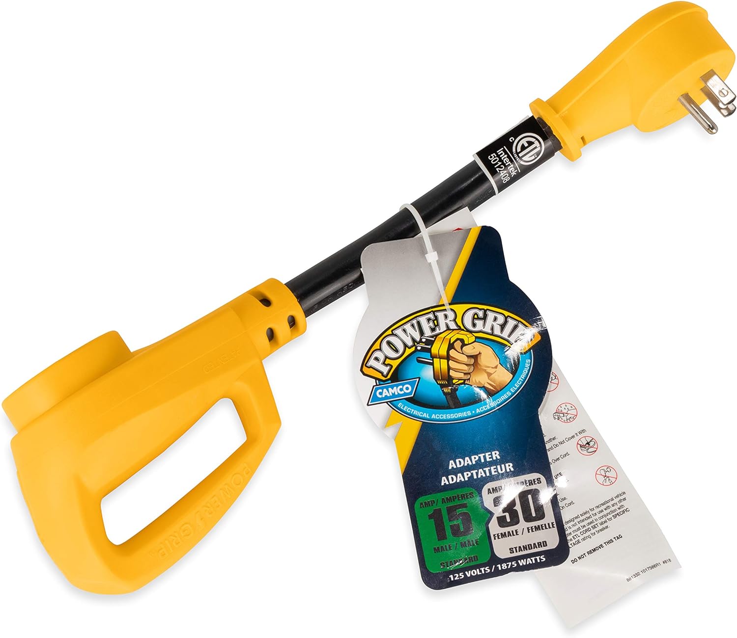 Camco (55165) Heavy Duty RV Dogbone Electrical Adapter with Innovative 180 Degree Bend Design and Easy PowerGrip Handle - 15 Amp Male to 30 Amp Female, 12": Automotive