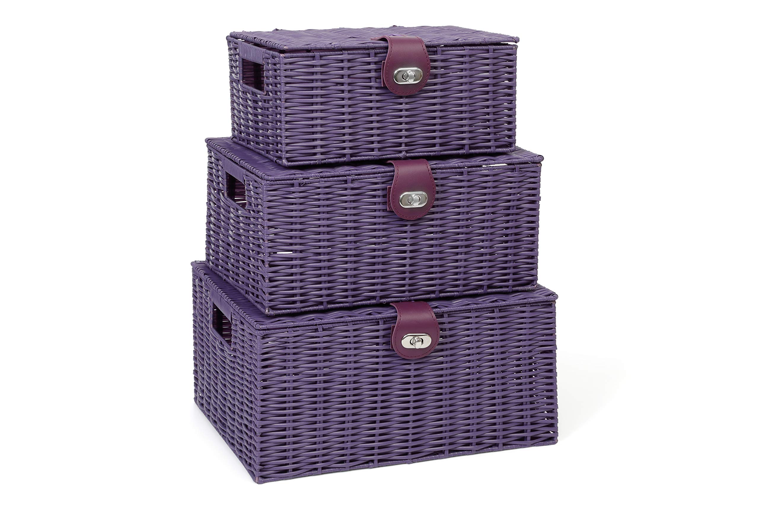 ARPAN Set of 3 Resin Woven Storage Basket Box With Lid & Lock (Purple)