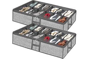Meerainy Under Bed Shoe Storage Organizer for Closet 2 Pack- Fits 24 Pairs Underbed Shoes Rack Container Boxes with H Shap Sturdy Handles and Clear Window,Foldable Shoe Rack Holder,Grey
