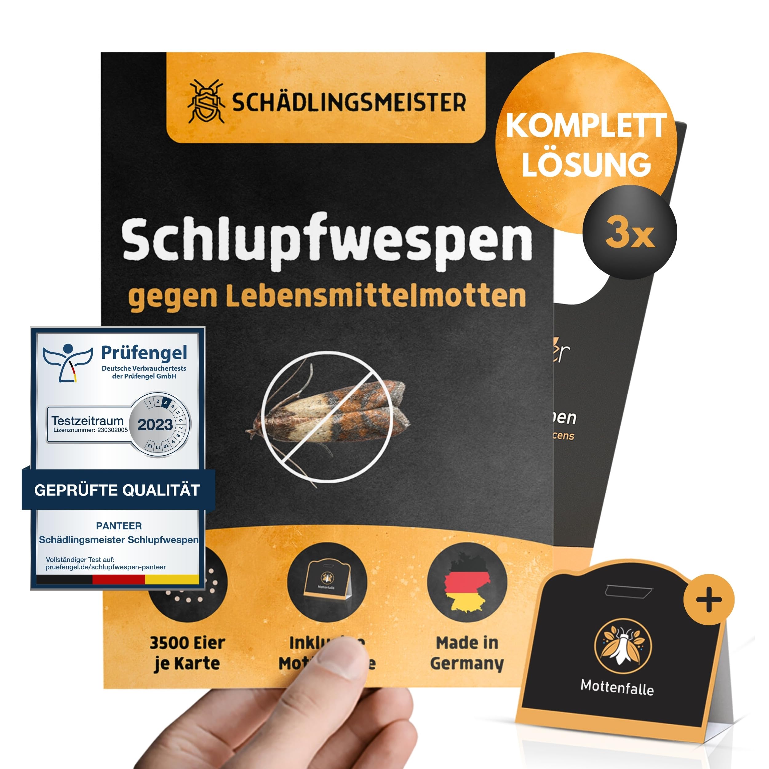 Panteer® Schlupfwespen gegen Lebensmittelmotten + GRATIS Mottenfalle - 9 Karten (3 Karten à 3 Lieferungen) - Schlupfwespen - Lebensmittelmotten Falle - Schlupfwespen gegen Motten - Made in Germany