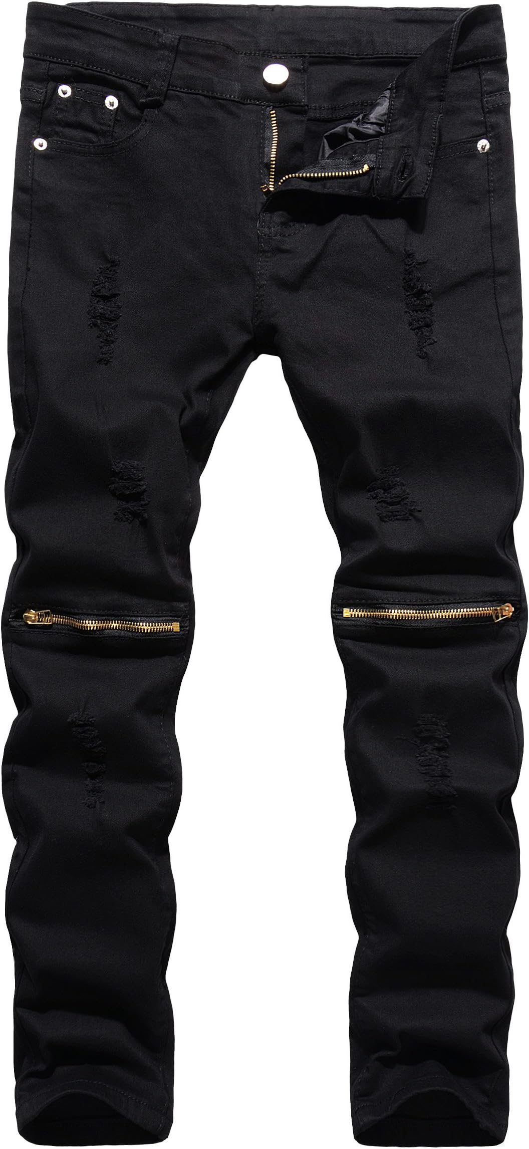 Boy's Slim Fit Skinny Ripped Distressed Zipper Jeans with Holes