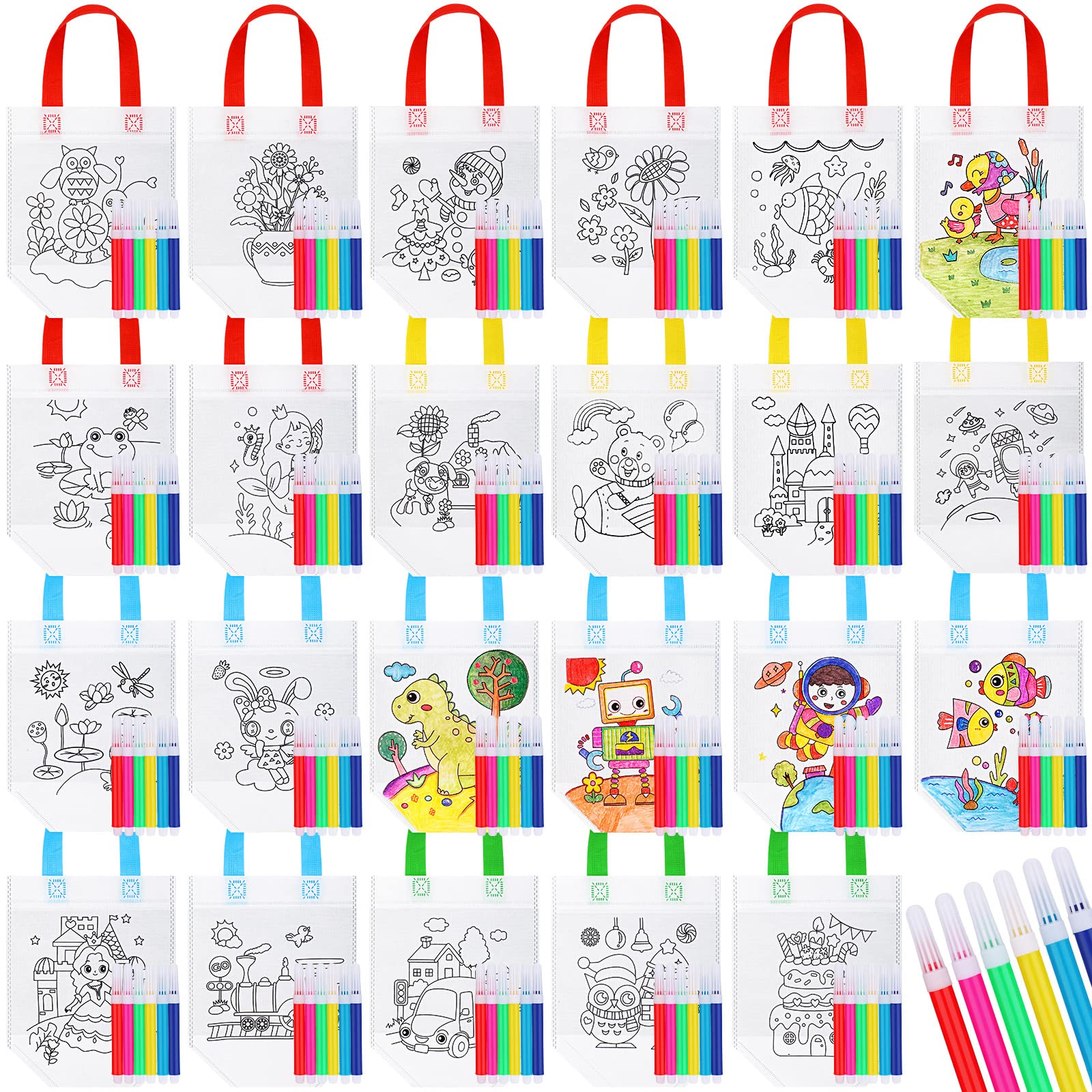 Photo 1 of Cute Coloring Goodie Bags for Kids Birthday Party Reusable Cartoon Coloring Party Favor Tote Bags Non Woven Colorful Totes with Colorful Pens DIY Crafts Supplies(24 Pieces,Lovely with Maker)