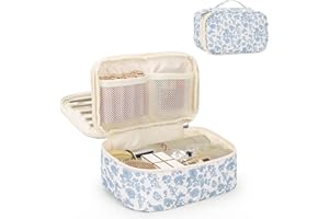 Relavel Travel Makeup Bag, Small Floral Cosmetic Bag with Makeup Brush Compartment, Portable Makeup Pouch for Women, Double Layer Makeup Organizer Bag Cute Toiletry Bag