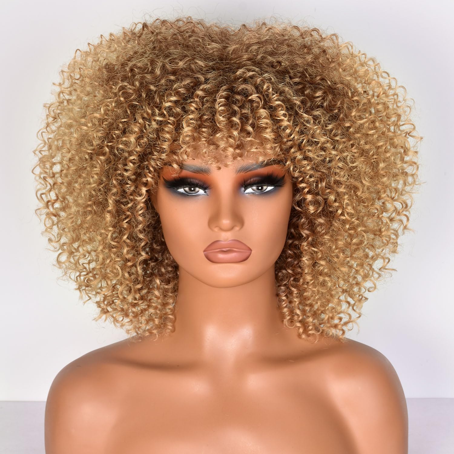 Lizzy 10 Inch Afro Curly Wigs for Black Women Synthetic Afro Wig with Bangs Heat Resistant Short Kinky Curly Wigs for Cosplay and Daily (Ombre Blonde)