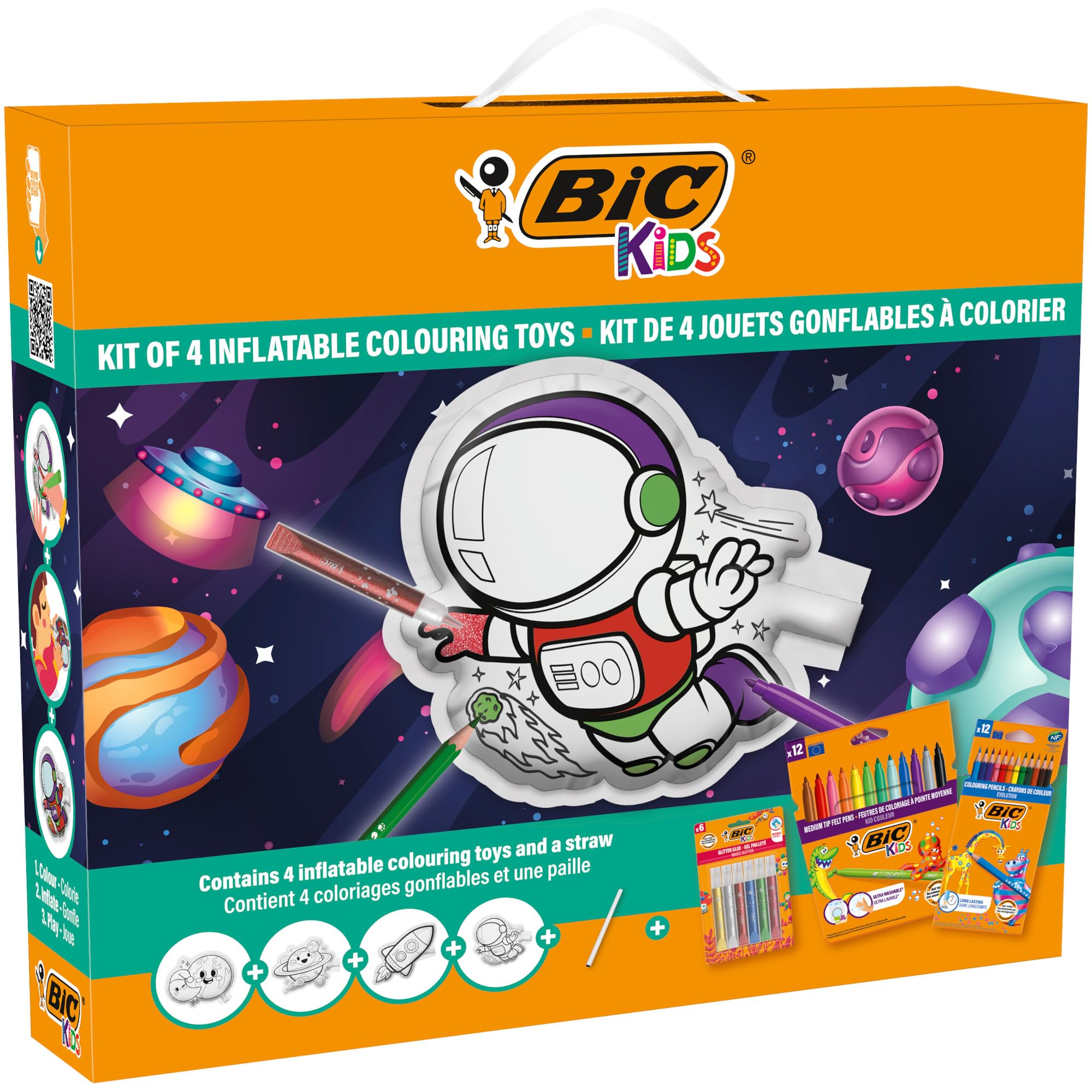 BIC Kids Colouring Inflatable Toys Kit Outer Space Designs - 12 Evolution Colouring Pencils, 12 Kid Couleur Felt Pens, 6 Glitter Glues, 4 Inflatable Toys to Colour, Set of 34