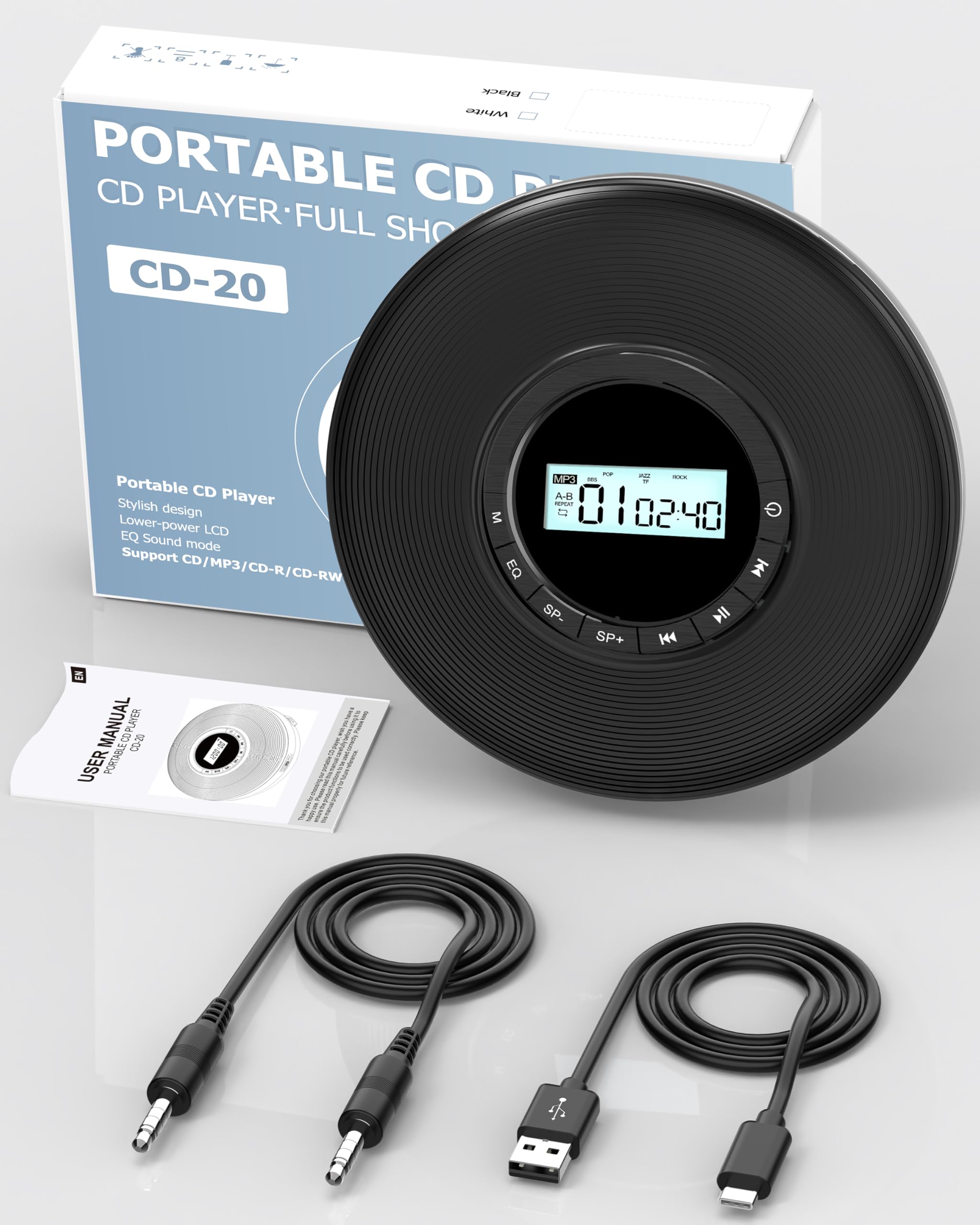 Sunoony Walkman CD Player,Portable CD Player for Car,Personal Disman CD Player with Headphones Jack,LCD Display,Anti-Skip,Aux-Out Cable/TF Slot,2*AA Batteries or Type-C Supply for Home,Travel and Car