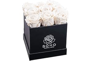 SOHO FLORAL ARTS New Roses Preserved Flowers | Genuine Roses That Lasts for Years | Flowers for Delivery | Large/XL Box (Black Box White Roses 9ct)