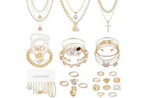 KISS WIFE Gold Plated Jewelry Set for Women with Multi Layered Necklaces, Stackable Bracelets, Knuckle Rings, Hoop Earrings Sets, Fashion Outfit Accessories Jewelry Packs, Gifts for Women