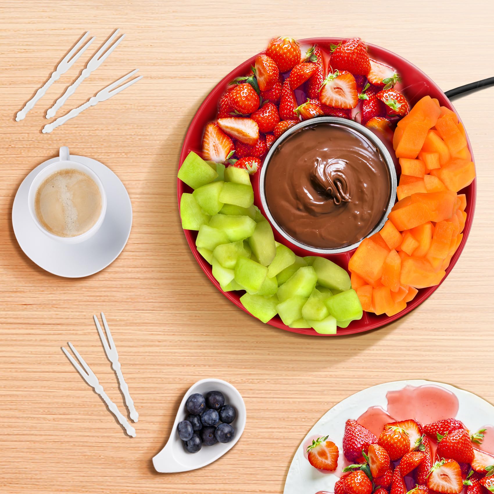 8.79oz MINI Electric Chocolate Melting Pot,Melting Fondue Set with 4PCS Forks,Cute Chocolate Fondue Fountain,Warmer Machine for Milk Chocolate,Cheese,Butter,Candy (Red)
