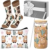 Skylety Highland Cow Cactus Theme Gifts Set Includes 16oz Glass Cup with Lid and Straw Cute Sock Western Makeup Bag Highland Cow Cactus Stuff Gifts for Women Lovers Stuff Accessories