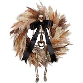 FLOROAD Halloween Wreath for Front Door 24 Inch with Faux Wheat Pampas Grass Gold Skull Skeleton Black Bow, Boho & Scary Fall Halloween Holiday Wreath Decoration for Home Door Wall Indoor/Outdoor