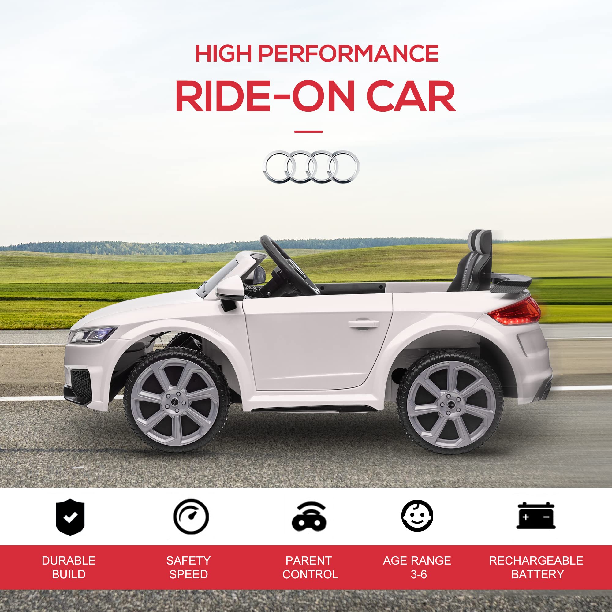 Aosom 6V Kids Electric Ride On Car, Licensed Audi TT RS with Suspension System and Remote Control, Horn, 5 Songs, Lights, MP3 Player, White