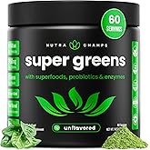 NutraChamps Super Greens Powder Premium Superfood | 20+ Organic Green Veggie Whole Foods | Alfalfa, Spirulina, Chlorella & More | Antioxidant, Digestive Enzyme & Probiotic Blends | Unflavored | 60 SVG