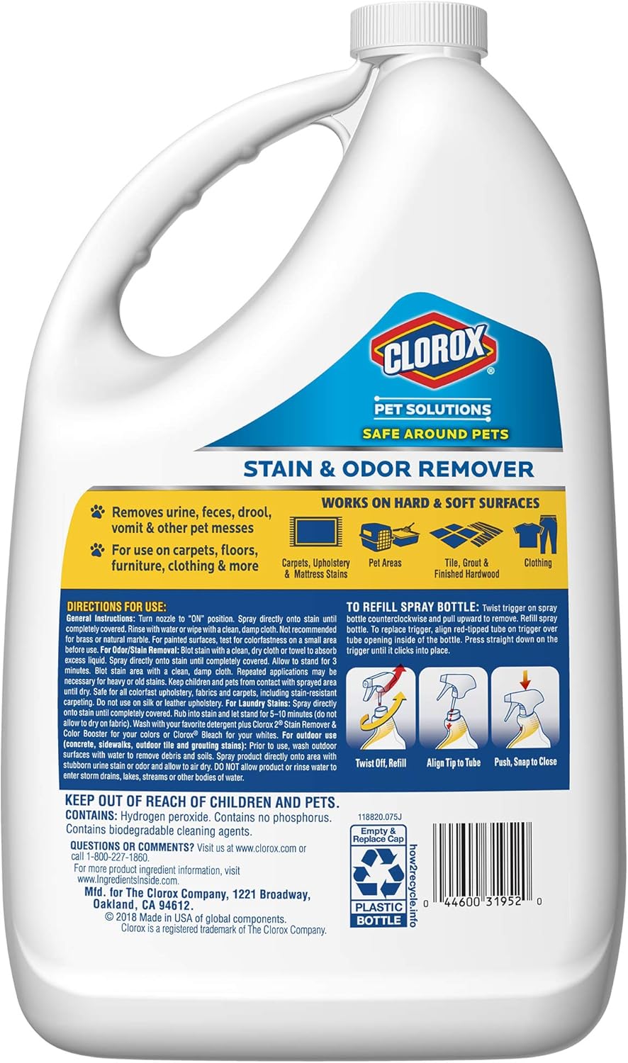 Clorox Pet Solutions Stain & Odor Remover Refill Bottle, 128 fl. oz., 128 FZ : Kitchen & Dining