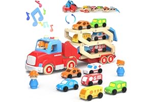 BELLOCHIDDO Transformable 3-Layer Wooden Car Carrier Truck Toy with Lights & Sounds - Car Toys for Kids