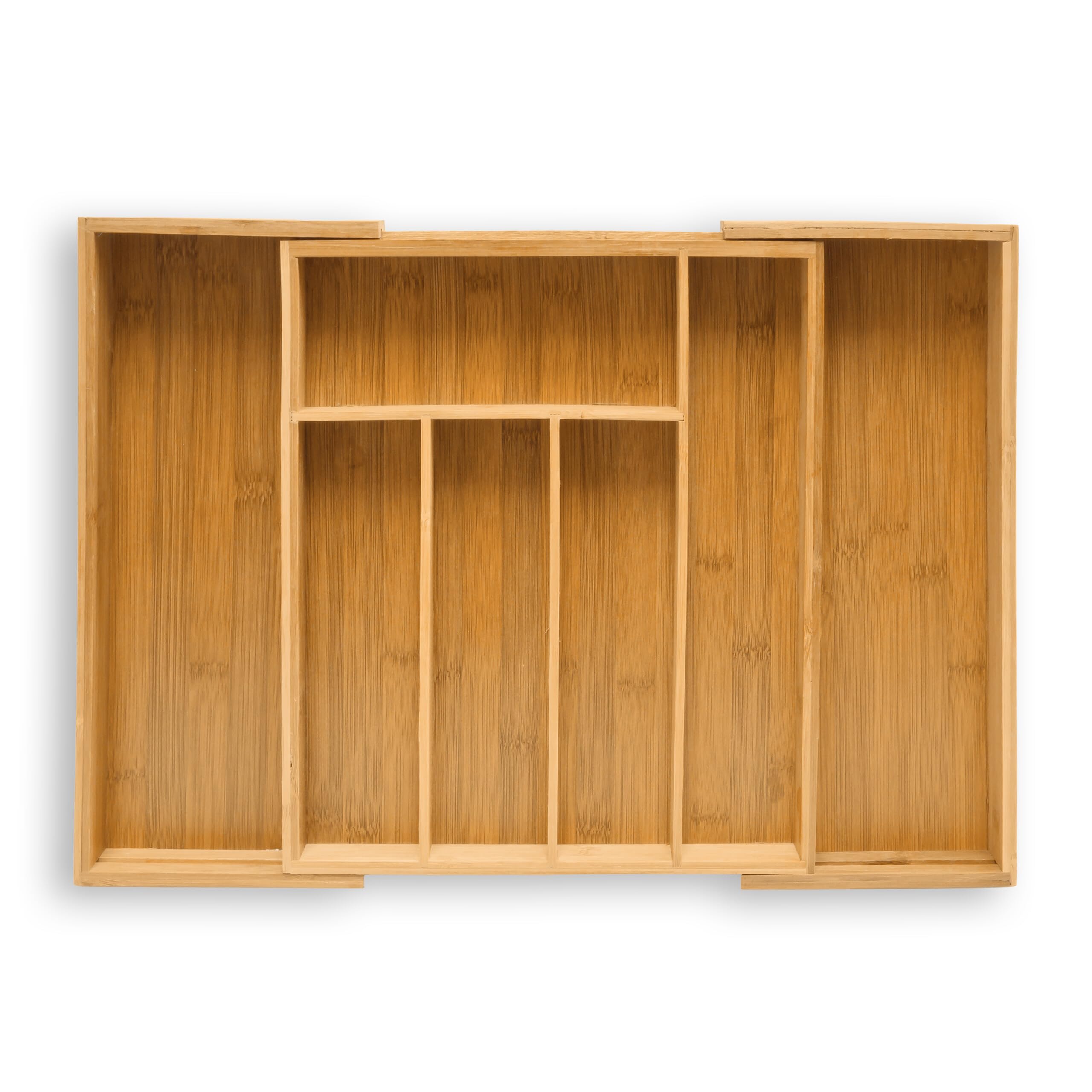 Relaxdays Wooden Bamboo Cutlery Tray, 33,5x29-48x5 cm, Large Drawer Organizer, Kitchen Drawer Insert, 5 to 7 Compartments, Adjustable, Natural Brown