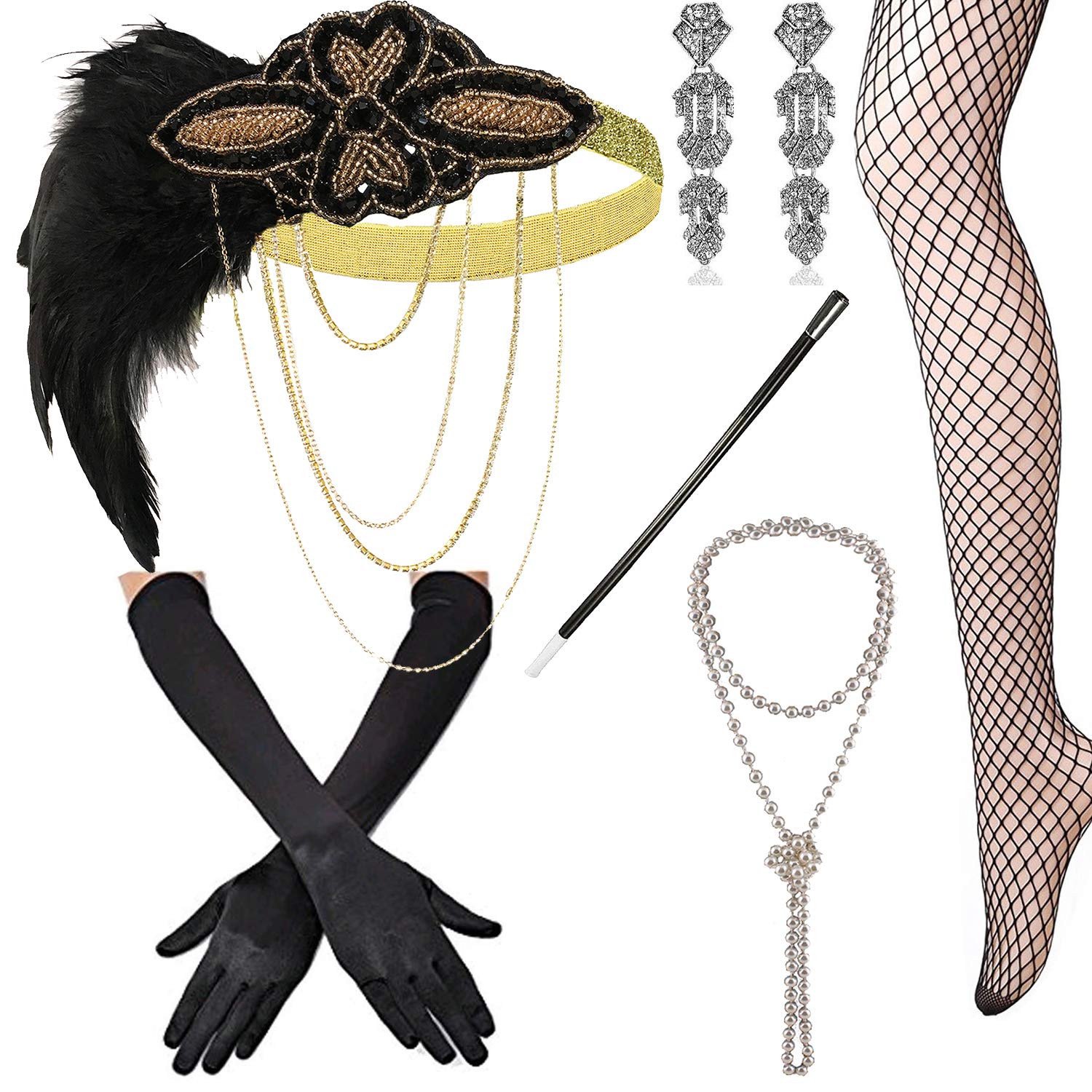 1920s Accessories Set Flapper Headband,Earrings,Pearl Necklace,Gloves,Net Tights,Pearl Bracelet (OneSize, Set-24)