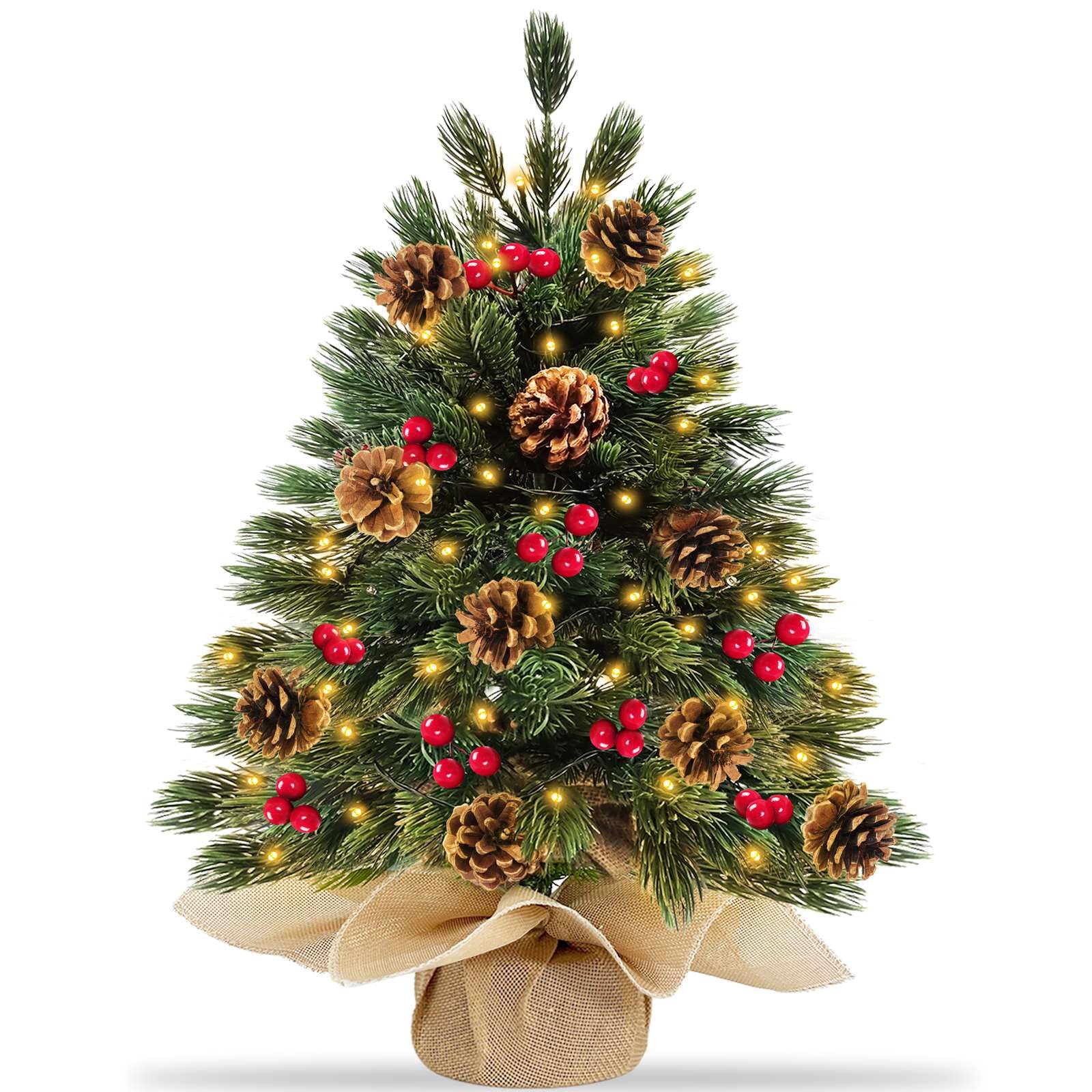 Photo 1 of Realistic-Feel PE 24 Inch/2FT Tabletop Christmas Tree with 40 Warm Lights Timer Battery Powered Cedar Norfolk Pine 10 Pinecones 30 Red Berry Artificial Xmas Mini Small Spruce Tree Table Indoor Home