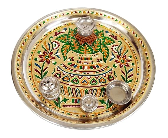 Lavender Craft Kalash Designed Stainless Steel MEENAKARI Decorative Plate/PUJA THALI-Golden Meena with 4 TUMBLERS (11