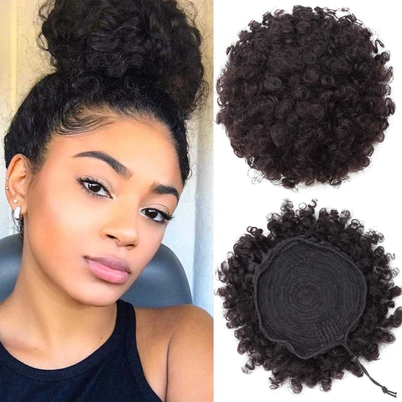 Afro Ponytail Puff Drawstring - 100% Human Hair Extension Short Curly Updo Hair Bun Chignon for Black Women [Medium]